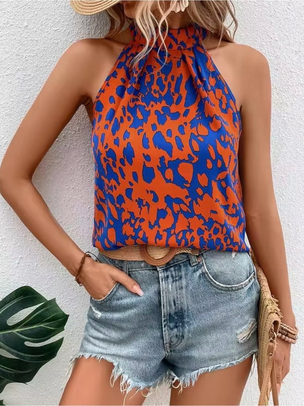 Blue & Orange Halter Cami with Animal Print
